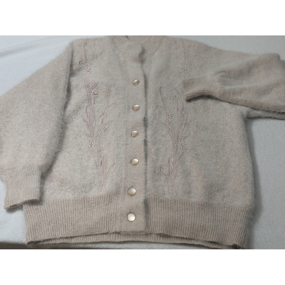 Vtg Venesha Angora Sweater Cardigan Large‎ Pale Pink Fuzzy Pearl Beaded Preppy